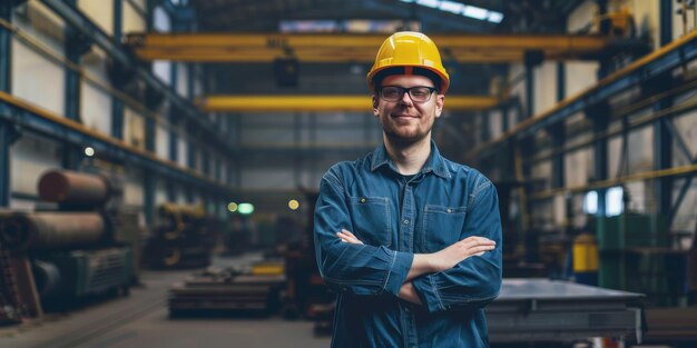 Foto retrato de un trabajador masculino sonriente con un sombrero duro de pie en una fábrica