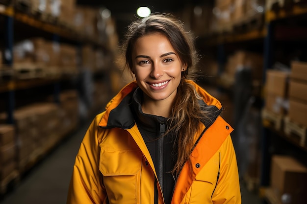 Retrato de un trabajador de mediana edad sosteniendo una tableta en un gran almacén Empleado de una empresa de logística cerca de los estantes del almacén Creado con tecnología Generative Ai