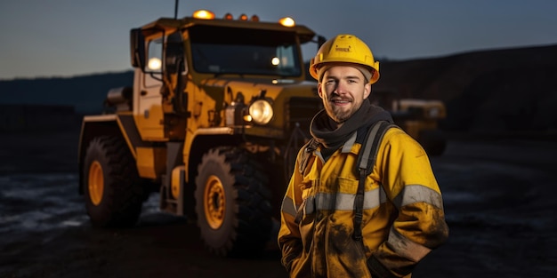 Retrato de un trabajador de una mina de carbón con un casco delante del camión