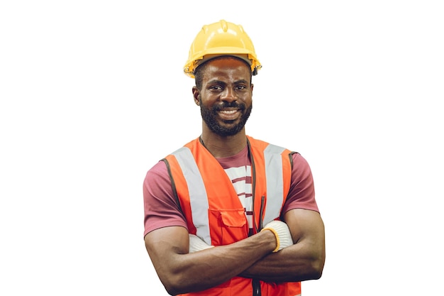 Retrato trabajador negro africano sonrisa permanente aislado sobre fondo blanco.