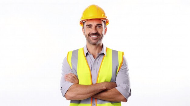 Retrato de un trabajador profesional guapo y feliz con chaleco de seguridad y sombrero rígido sonriendo aislado