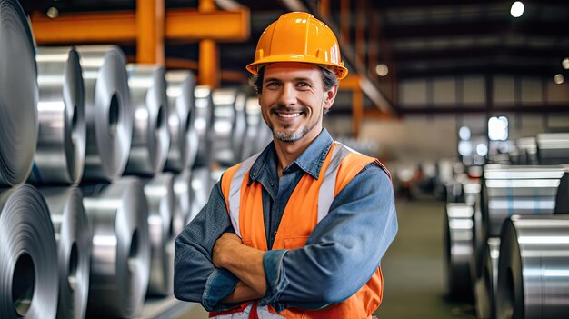 Retrato de trabajador sonriente con rollos de chapa de acero galvanizado dentro de la fábrica o almacén Ai generativo