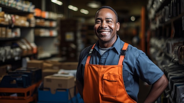 Retrato de un trabajador sonriente en uniforme de pie en el lugar de trabajo del trabajador del almacén frente a la cámara