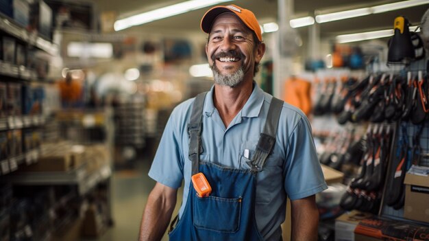 Retrato de un trabajador sonriente en uniforme de pie en el lugar de trabajo trabajador del almacén frente a la cámara