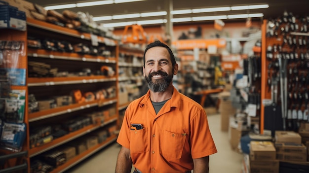 Retrato de un trabajador sonriente en uniforme de pie en el lugar de trabajo del trabajador del almacén frente a la cámara