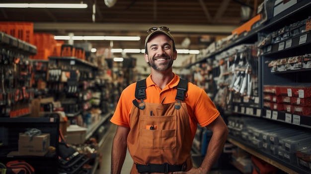 Retrato de un trabajador sonriente en uniforme de pie en el lugar de trabajo del trabajador del almacén frente a la cámara