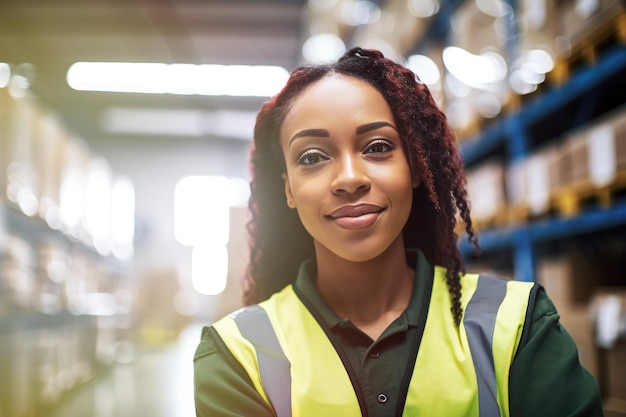 Foto retrato de una trabajadora de almacén confiada sonriendo a la cámara en el entorno de trabajo ia generativa