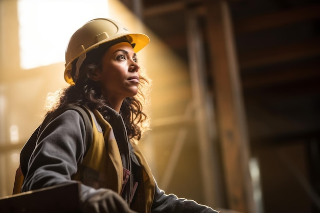 Retrato de una trabajadora de la construcción con casco de seguridad y casco