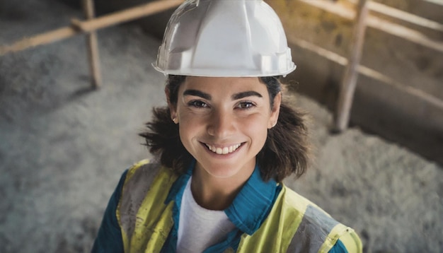 Retrato de una trabajadora de la construcción con casco de seguridad y mono