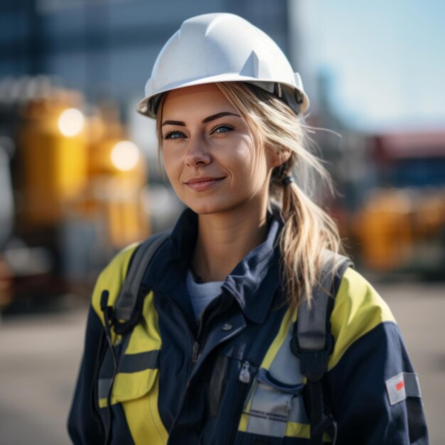 Retrato de una trabajadora de la construcción, ingeniera profesional o empoderamiento femenino artesanal