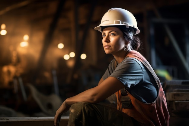 retrato de una trabajadora de la construcción en sombrero duro sentada en el suelo