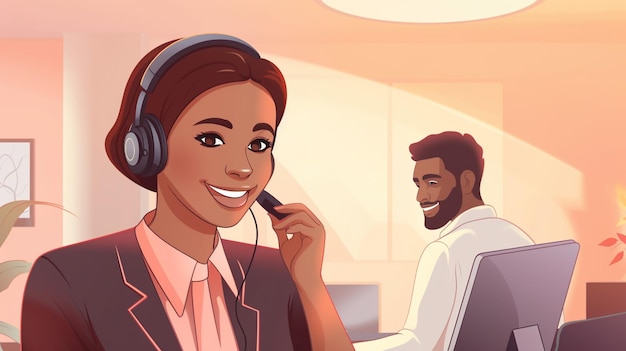 Foto retrato de una trabajadora de servicio al cliente afroamericana sonriente con auriculares y micrófono en el lugar de trabajo