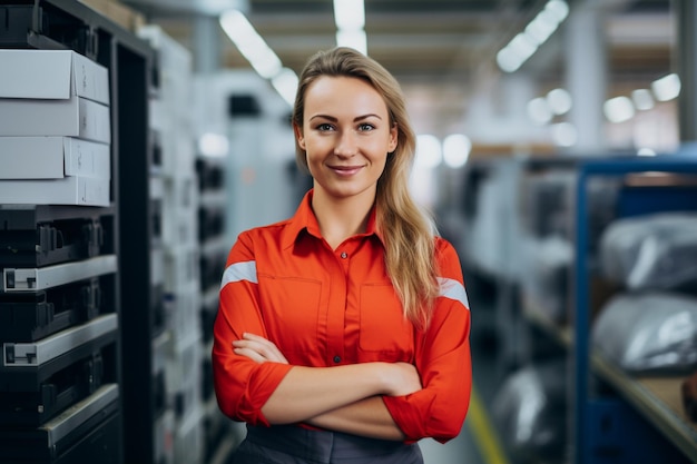 Retrato de una trabajadora sonriente de pie con los brazos cruzados en una fábrica de impresión