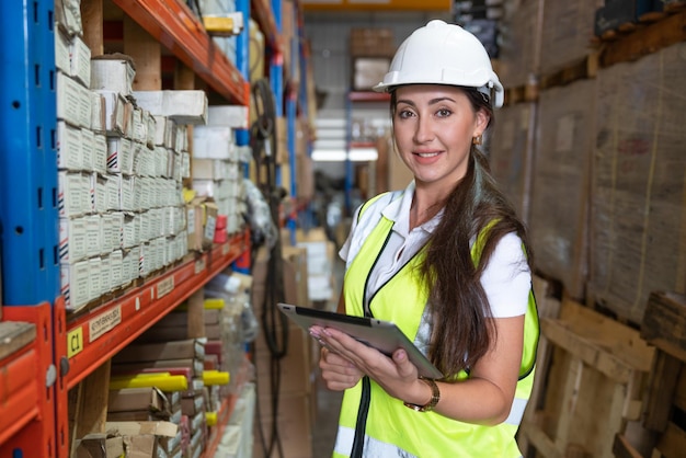 Retrato de una trabajadora trabajadora sonriente con chaleco de seguridad y casco sosteniendo una tableta para comprobar piezas de repuesto de productos antiguos en una estantería en el almacén de la fábrica de la industria