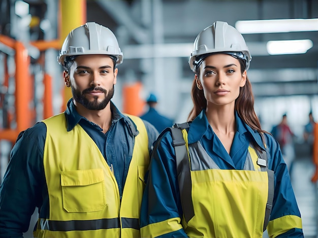 Retrato de trabajadores de fábricas industriales felices Trabajador profesional en un casco Concepto del día del trabajo con personas AI Generativo