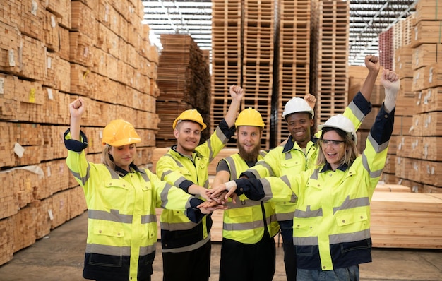 Retrato de trabajadores felices chocando los cinco en el almacén. Esta es una gran fábrica de madera. Concepto de trabajadores industriales y industriales.