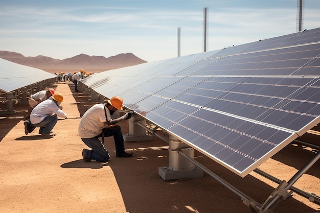 Retrato de trabajadores que construyen paneles solares generativos por Ai