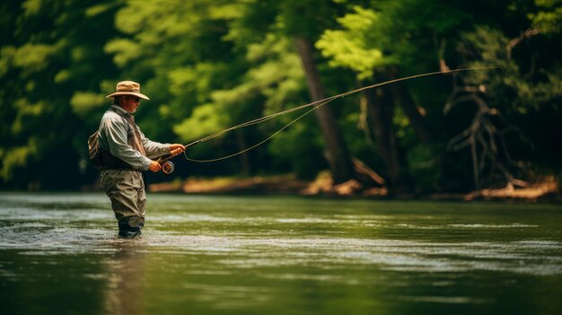 El retrato tradicional de la pesca con mosca el río sereno el elenco elegante