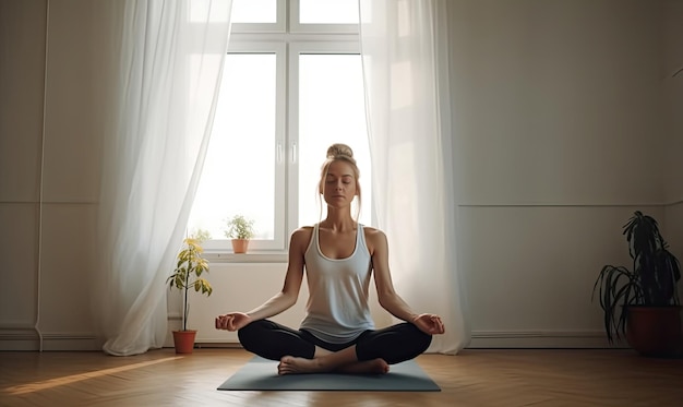 Retrato tranquilo de uma mulher praticando ioga em sua sala de estar Criando usando ferramentas generativas de IA