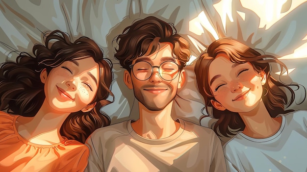 Retrato de tres amigas y un niño en la ilustración del dormitorio