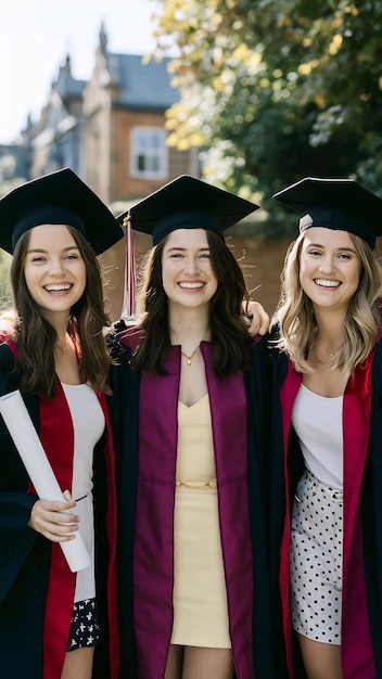 Retrato de tres amigos graduados sonrientes en túnicas de graduación en el campus universitario con diploma