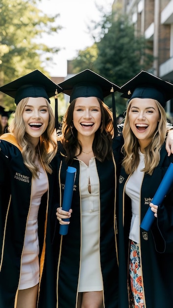 Retrato de tres amigos graduados sonrientes en túnicas de graduación en el campus universitario con diploma