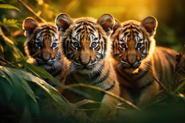 Retrato de tres bebés tigre en la selva