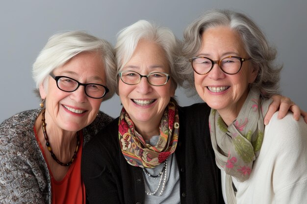 Foto retrato de tres felices amigas mayores en el estudio