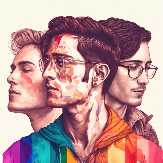 Retrato de tres hombres Derechos de los homosexuales Hermosa imagen colorida Concepción del retrato humano IA generativa