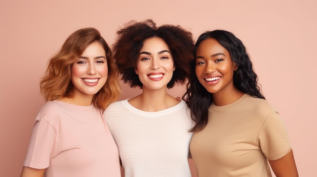 Retrato de tres mujeres jóvenes multirraciales de pie juntas y sonriendo a la cámara