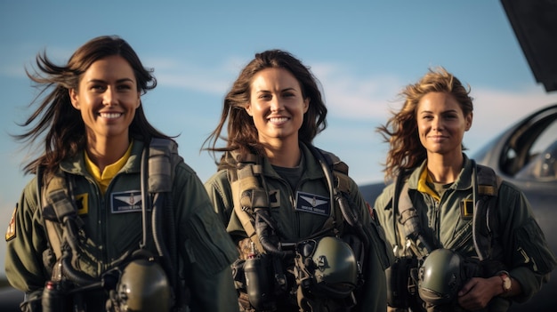 Foto retrato de tres mujeres pilotas de aviones de combate militares