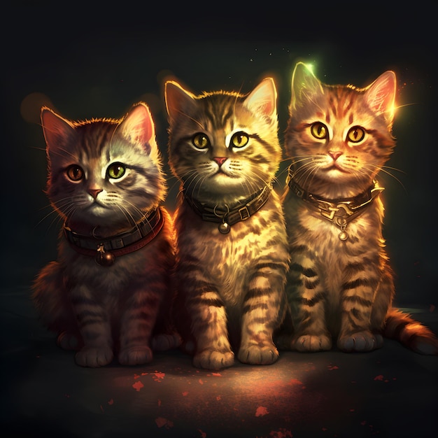 Retrato de tres pequeños gatos en la noche Mascotas adorables