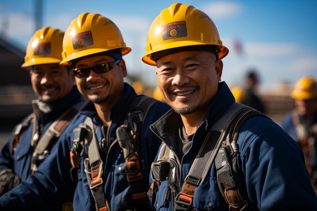 Retrato de tres trabajadores con casco constructivo Administradores de edificios con casco IA generativa