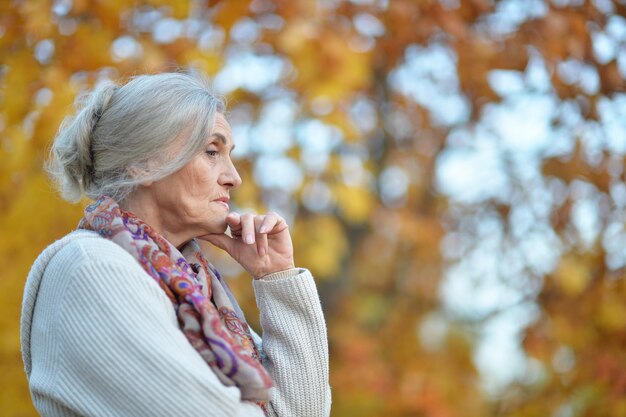 retrato, de, triste, mujer mayor, en, otoño, parque