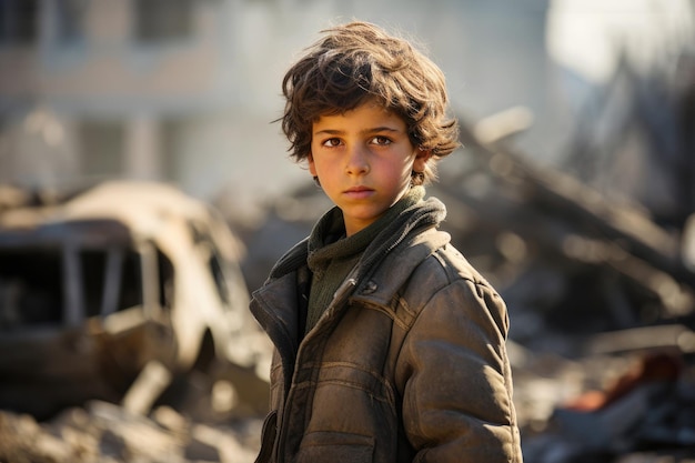 Retrato de un triste niño huérfano pobre en una ciudad destruida de pie frente a edificios derrumbados área víctima de conflicto de guerra Concepto de apoyo derecho de los niños refugiados crisis humanitaria