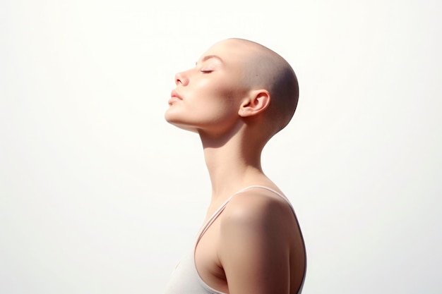 Retrato de tristeza reflexiva con oncología mujer joven sin pelo después de quimioterapia Pensamiento profundo joven calva enferma con cáncer sensación de decepción generada AI