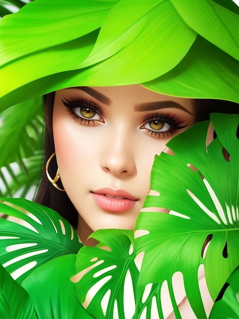 Retrato tropical de una mujer hermosa con hojas de palma maquillaje verde brillante ai generado