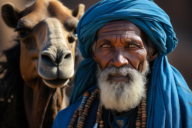 Retrato de un tuareg nómada de Burkina Faso con un turbante azul y un camello
