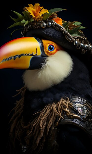 Foto retrato de tucán pirata traje de navegante tropical cuervo de frutas tropicales colecciones de arte animal