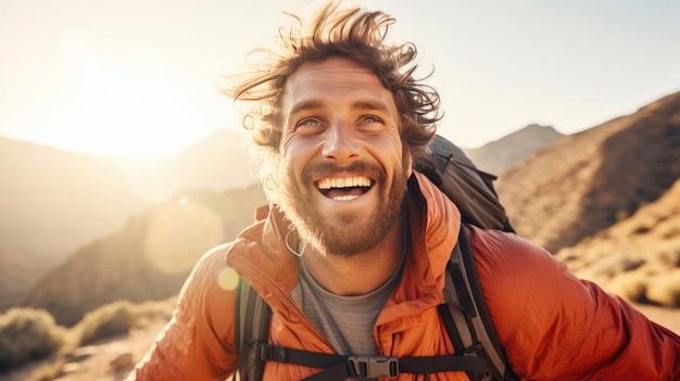 Retrato de un turista masculino en la cima de una montaña