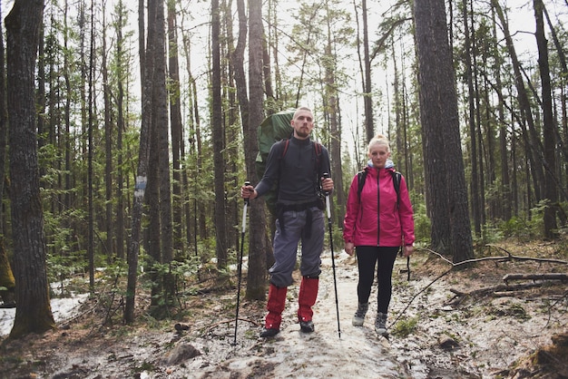 Retrato, de, turistas, hombres y mujeres, en, el, bosque