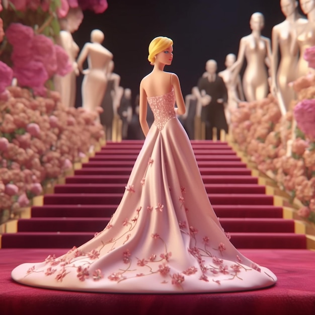 retrato ultra-realista de Barbie brilhando no tapete vermelho