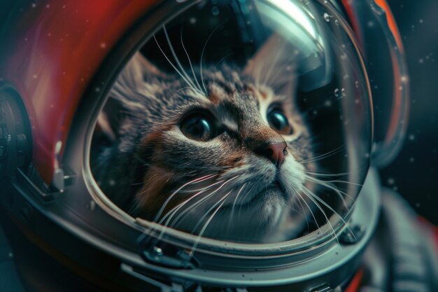 Retrato ultra-realista de um gato vestindo um capacete de astronauta olhando para o espaço