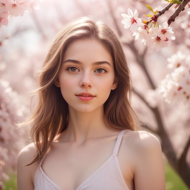 retrato ultra realista menina linda de pé árvore em flor rosto bonito corpo brincalhão