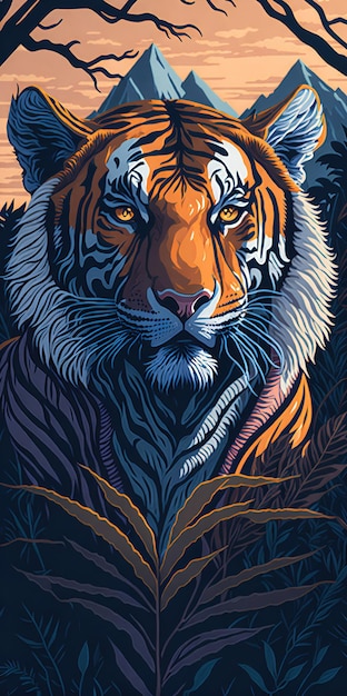 Retrato ultradetalhado de um único tigre majestoso na selva com um fundo de pôr do sol na montanha