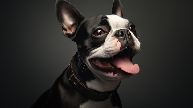 Retrato ultrarrealista de cachorro Boston Terrier com expressão sorridente