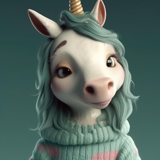 Retrato de unicornio de dibujos animados en 3D con ropa de pie frente a las luces del estudio ai generativo