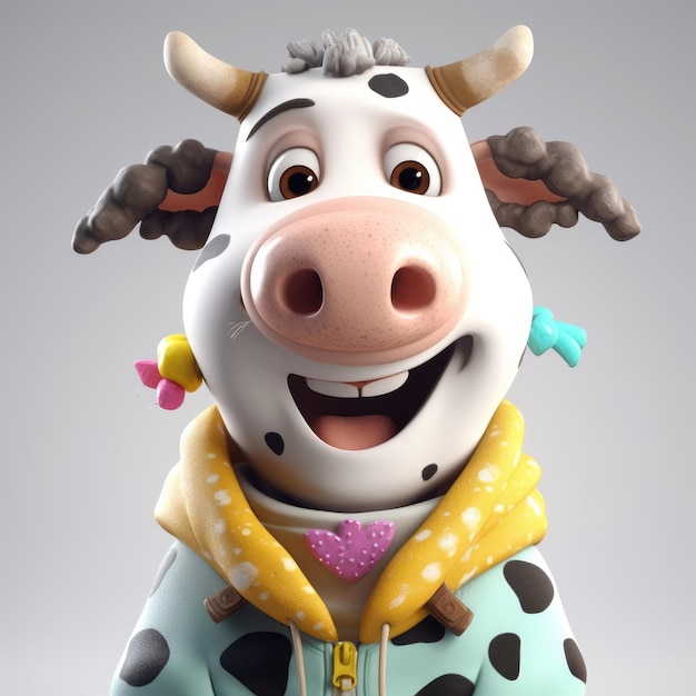 Retrato de vaca de dibujos animados en 3D con ropa, gafas, sombrero y chaqueta de pie delante