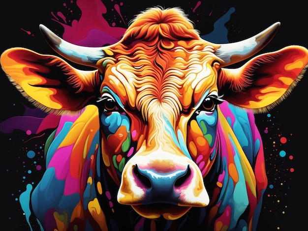 Retrato de una vaca en estilo pop art con colores voladores expresión generativa ai