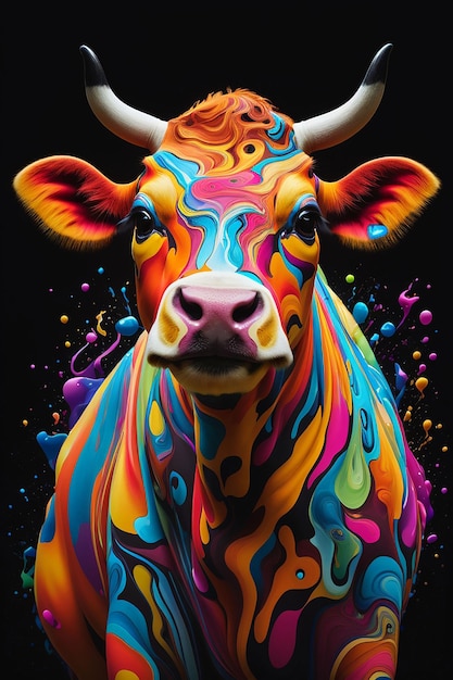 Retrato de una vaca en estilo pop art con colores voladores expresión generativa ai